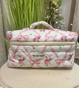 Floral Bow Print Makeup Bag- Large