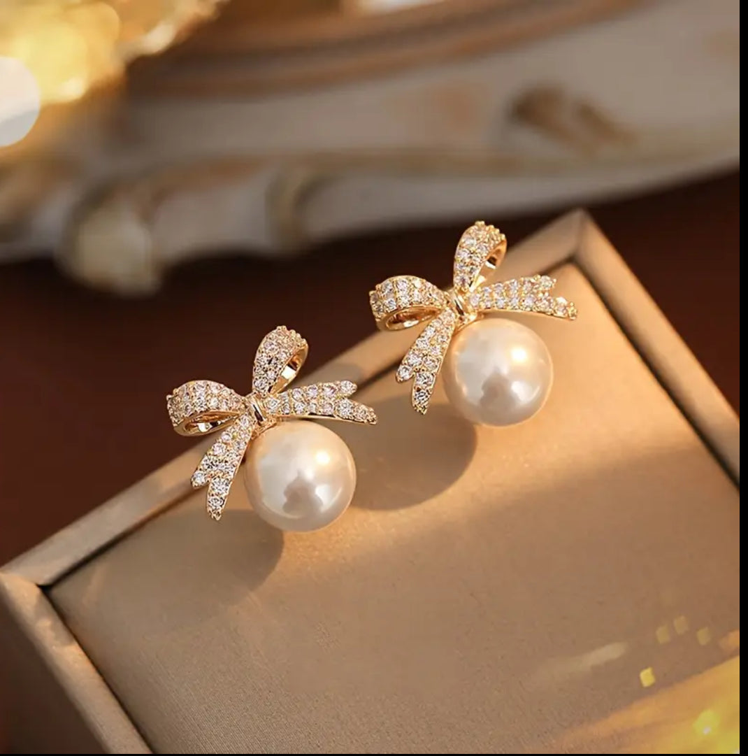 Vintage Pearl Bow Stud Earrings