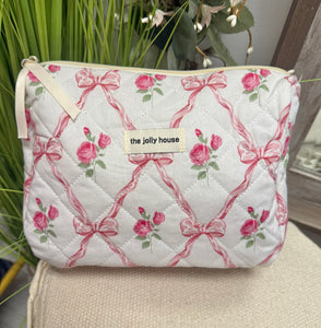 Floral Bow Print Makeup Bag- Medium