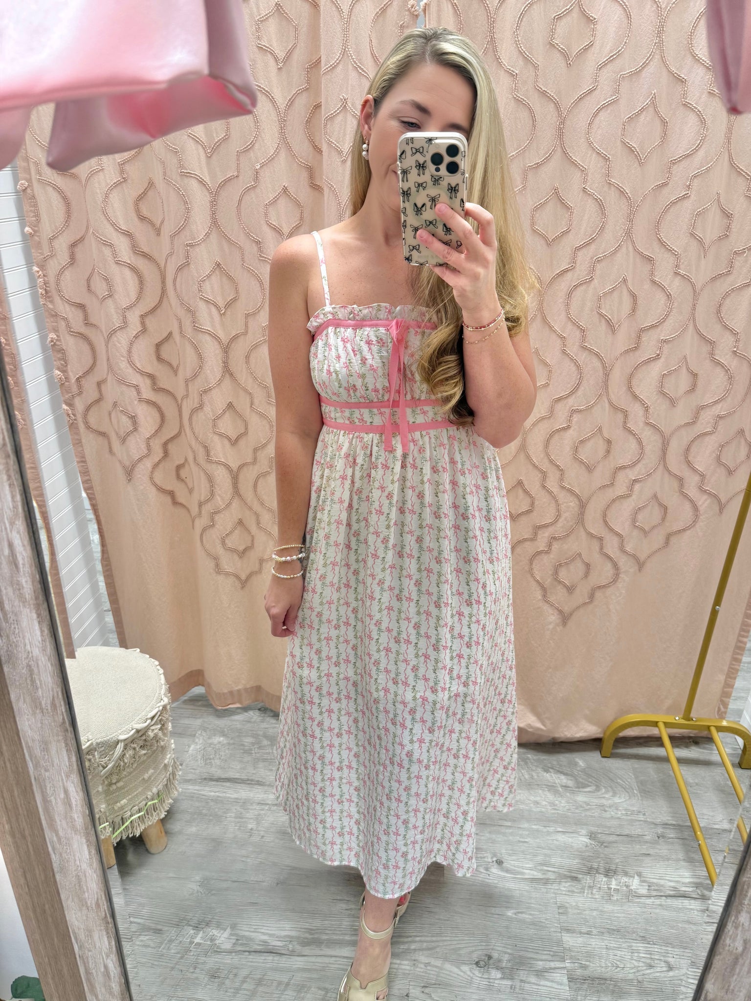 Unforgettable Love Floral Bow Midi Dress- Pink