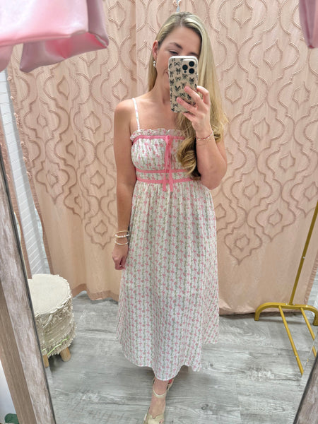 Unforgettable Love Floral Bow Midi Dress- Pink