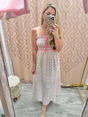 Unforgettable Love Floral Bow Midi Dress- Pink