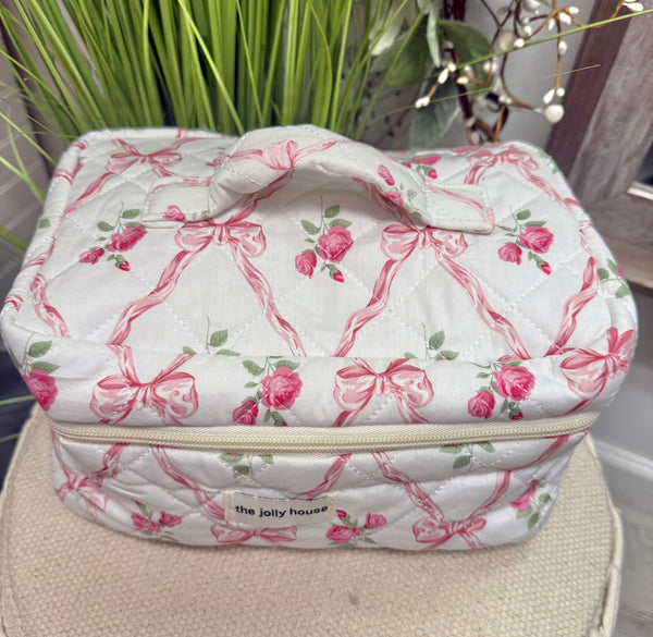 Floral Bow Print Makeup Bag- Large