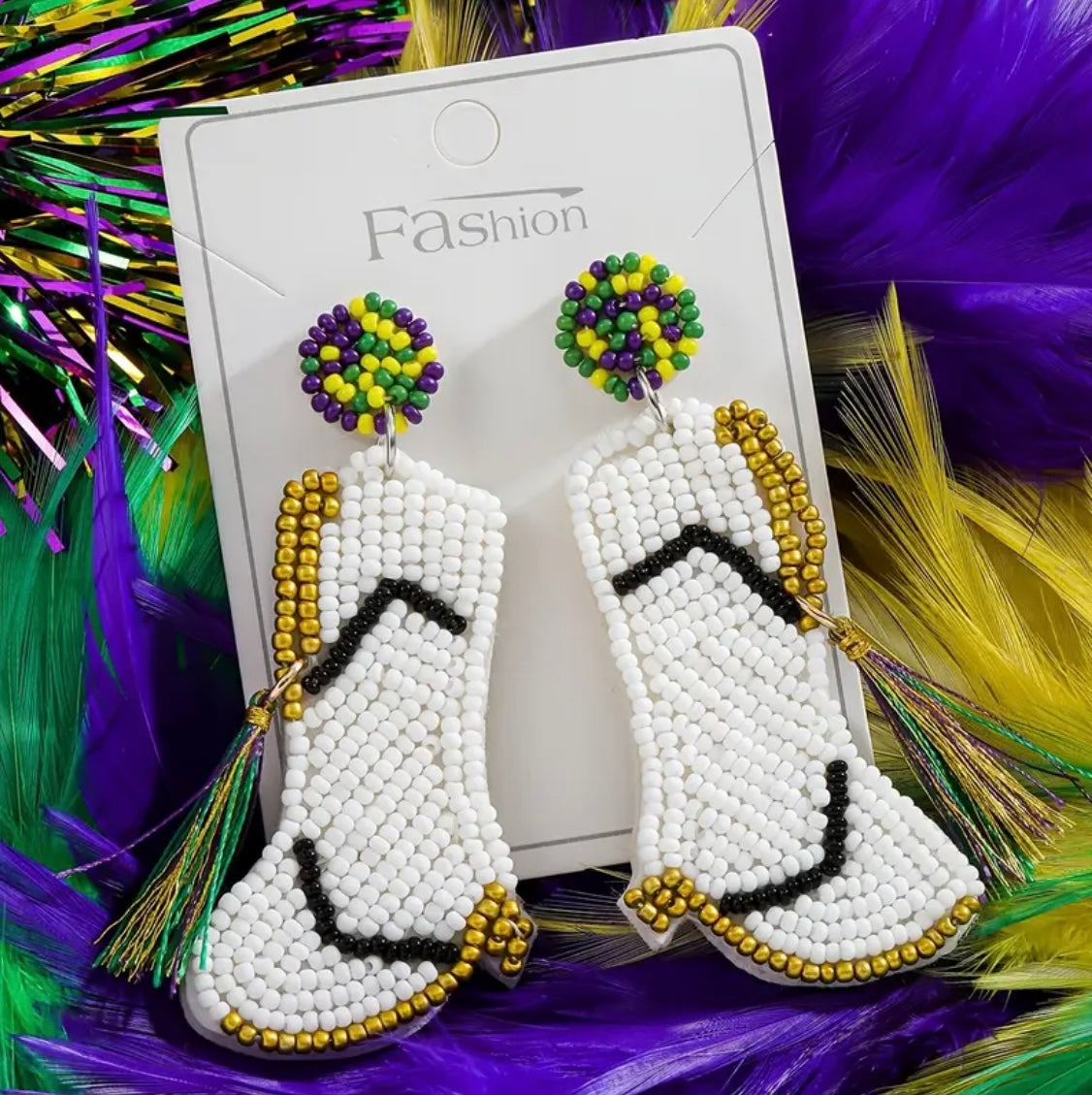 Mardi Gras Boot Tassel Beaded Earrings