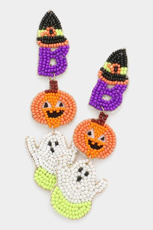 Boo Beaded Witch Pumpkin Ghost Dangle Earrings