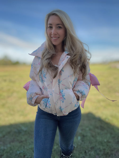 The Elle Woods Floral Bow Puffer Jacket