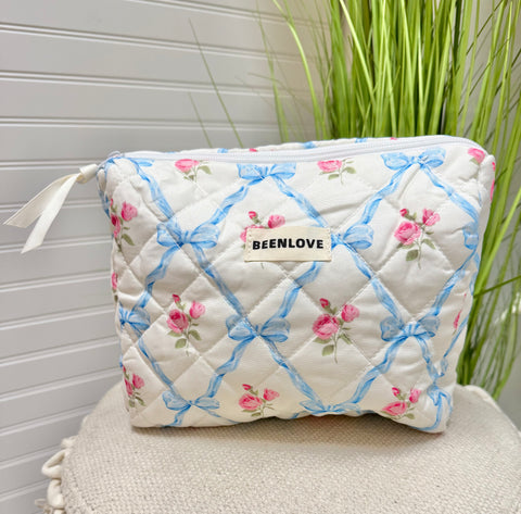 Blue Floral Bow Makeup Bag- Medium