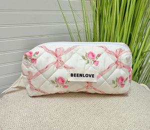 Pink Floral Bow Makeup Bag- Small