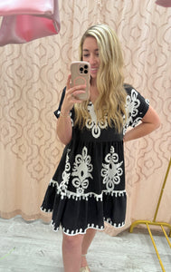 Beach House Brunch Printed Dress-Black