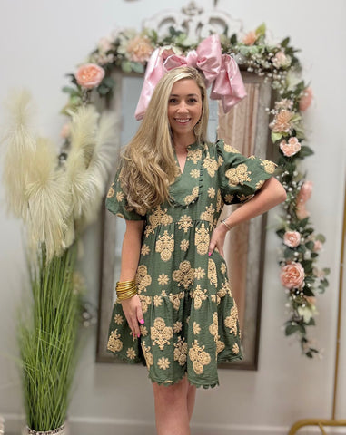 Darling Moment Printed Dress- Olive