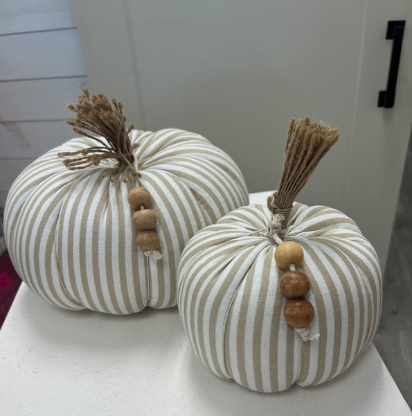 Striped Fabric Pumpkin With Wooden Beads- Large