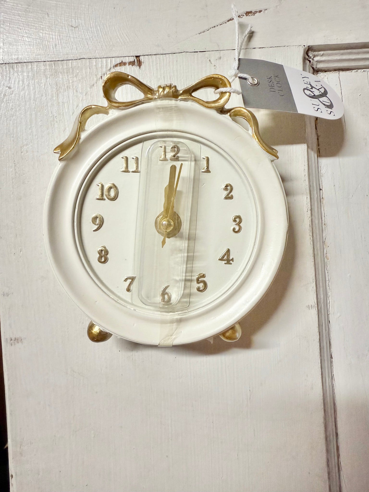Round White & Gold Bow Clock