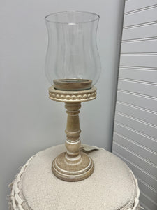 Distressed Wood Beaded Candle Stick with Glass Globe- large