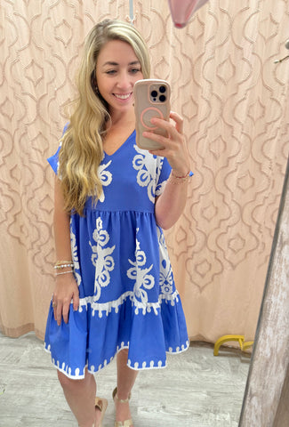Beach House Brunch Printed Dress-Blue