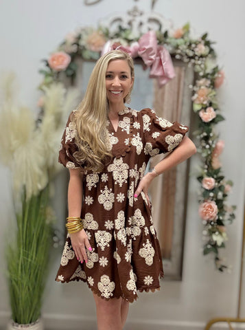 Darling Moment Printed Dress- Walnut