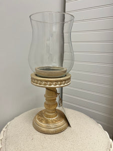 Distressed Wood Beaded Candle Stick with Glass Globe