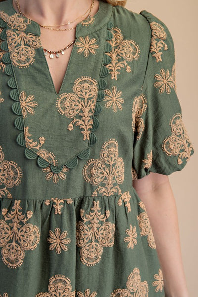Darling Moment Printed Dress- Olive