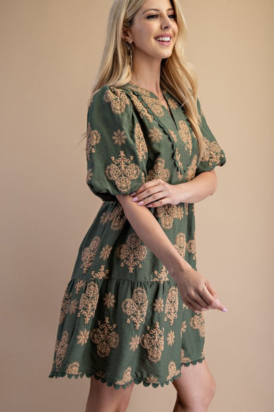 Darling Moment Printed Dress- Olive
