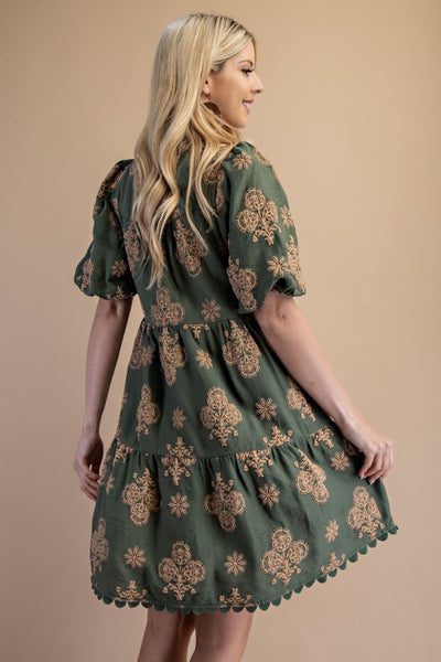 Darling Moment Printed Dress- Olive