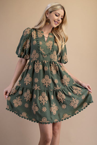 Darling Moment Printed Dress- Olive