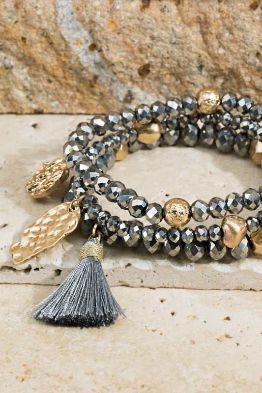 Tassel & Charms Bead Bracelet Set
