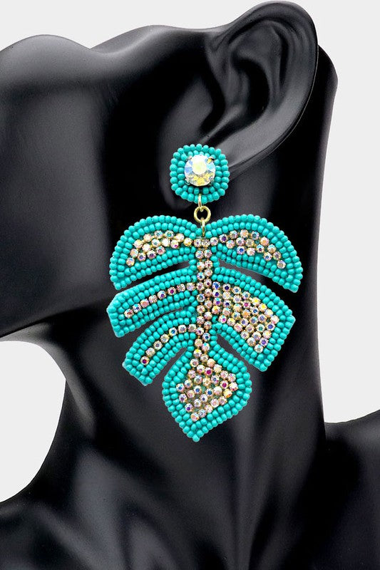 Leaf Beaded Rhinestone Earrings