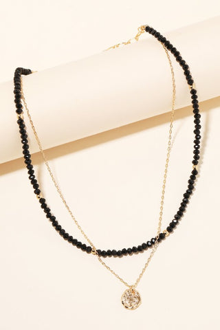 Layered Chain Bead Disc Charm Necklace