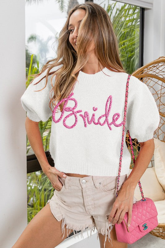 "Bride" Metallic Letter Puff Sleeve Sweater