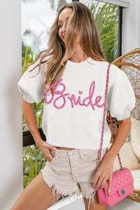 "Bride" Metallic Letter Puff Sleeve Sweater