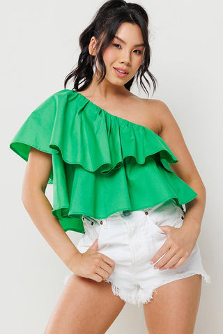 One of a Kind Ruffled One Shoulder Crop Top (Green)
