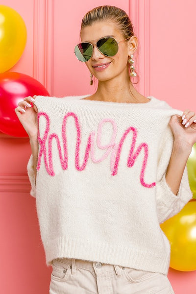 "Mom" Metallic Letter Puff Sleeve Sweater