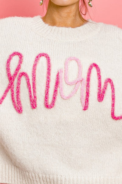 "Mom" Metallic Letter Puff Sleeve Sweater