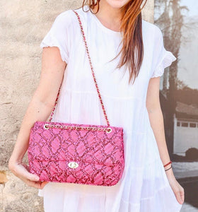 Caroline Hill Quilted Crossbody Snake Neon Pink